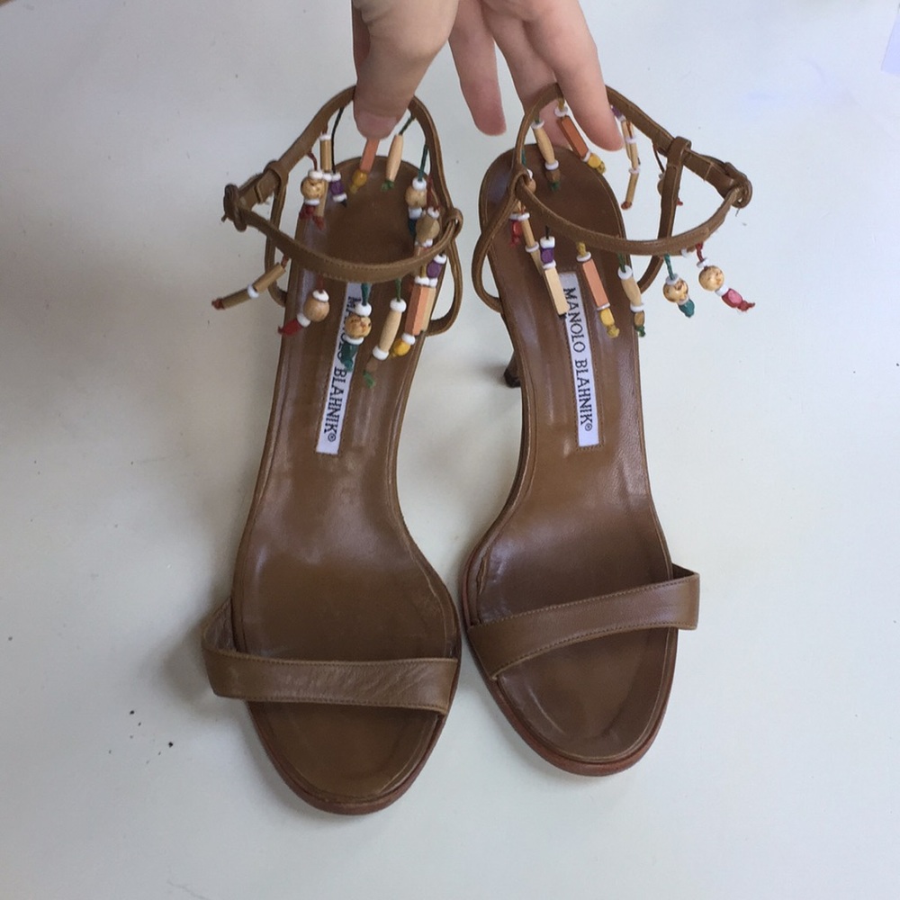 Manila Blahnik tan strapy heels w/ colorful beads